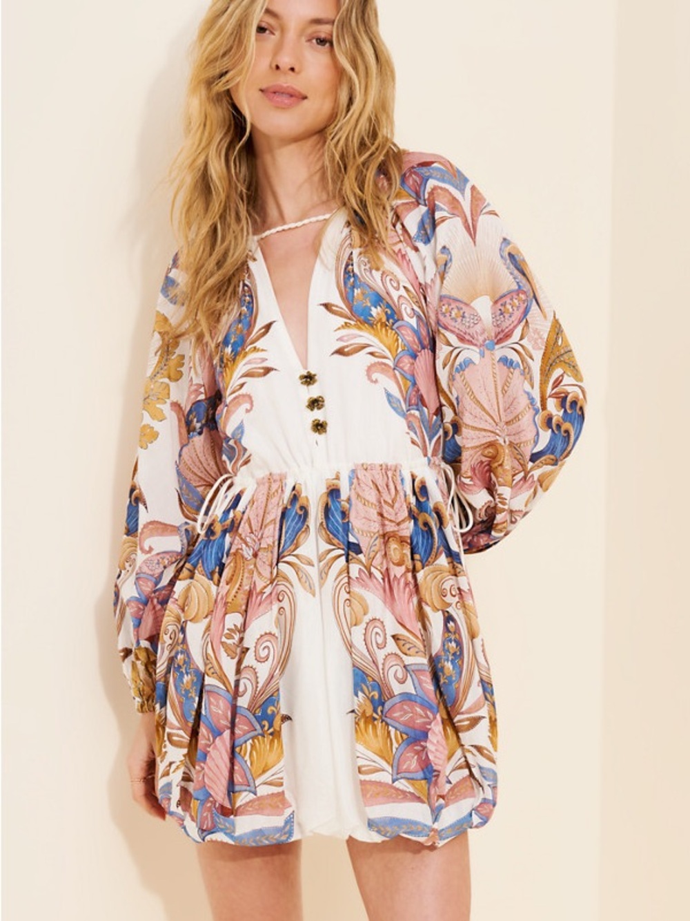 FARM Rio White Tunic with Pink, Blue & Gold Paisley Print